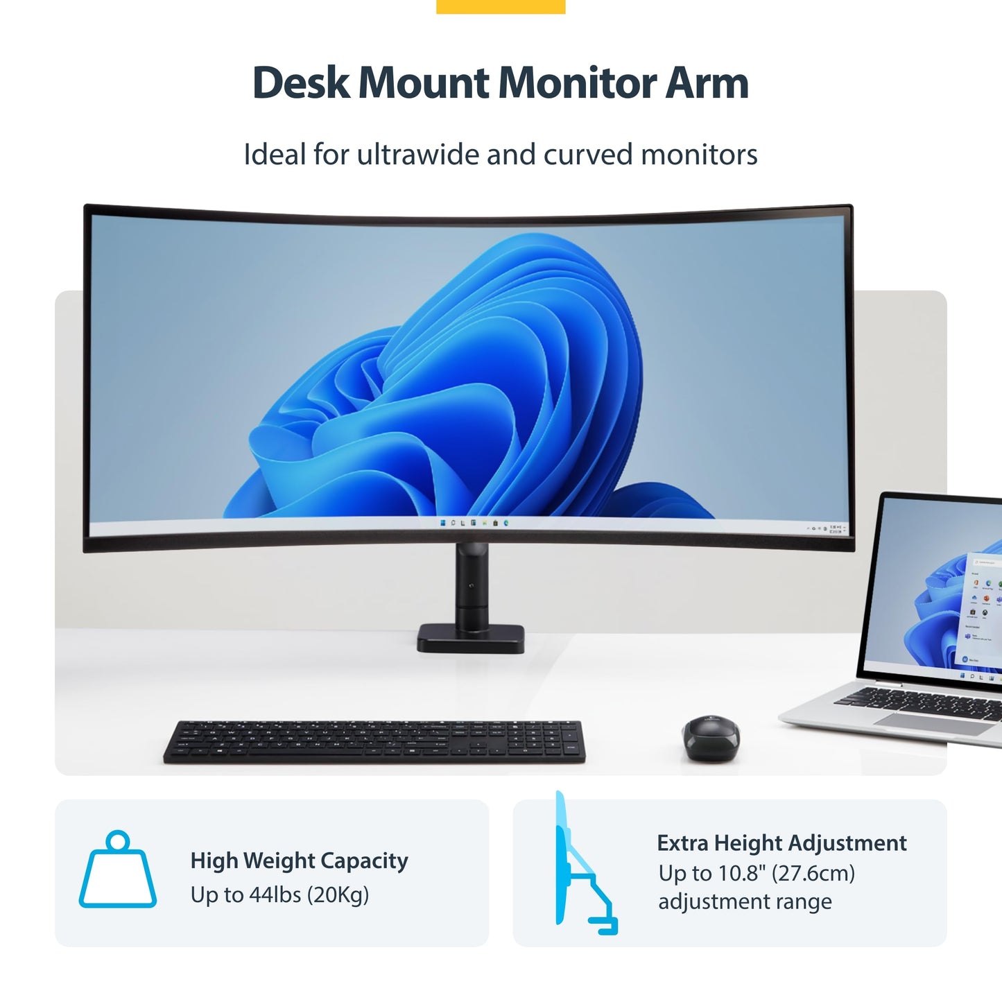 StarTech.com Monitor Desk Mount for up to 49in 32:9 Ultrawide Curved Screen, Mechanical Spring Arm, C-Clamp/Grommet, Max 44lb
