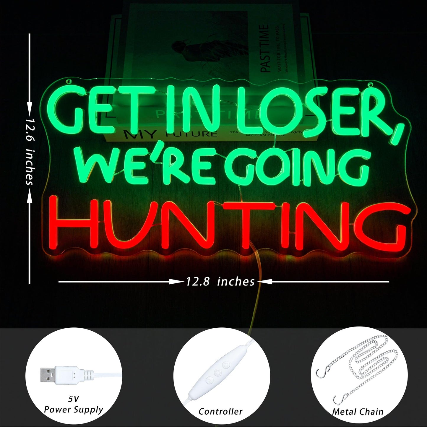 Funny Hunting Neon Sign - LED Light for Man Cave Garage, Country Outdoor Decor, Deer Hunter Wall Art Gift for Guys, Dimmable USB Powered(16.9 *