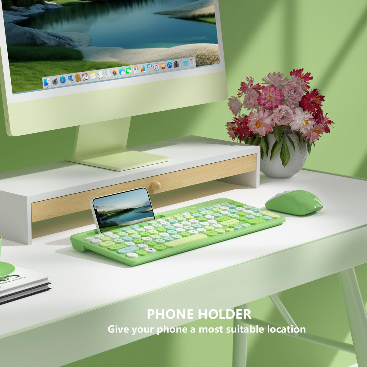 Retro Wireless Keyboard and Mouse Combo, Full-Size USB Keyboard with Round Keycaps, 2.4GHz Wireless for Desktop, Laptop and Computer (Green-Colorful)