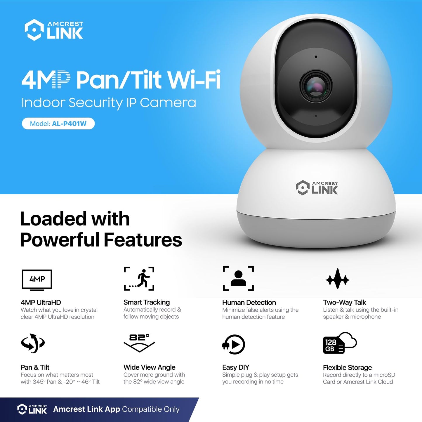 Amcrest Link 4MP WiFi Camera Indoor, Human Detection, Motion-Tracking, w/ 2-Way Audio, Pan/Tilt Wireless IP Camera (Wired Power), 30ft Night Vision