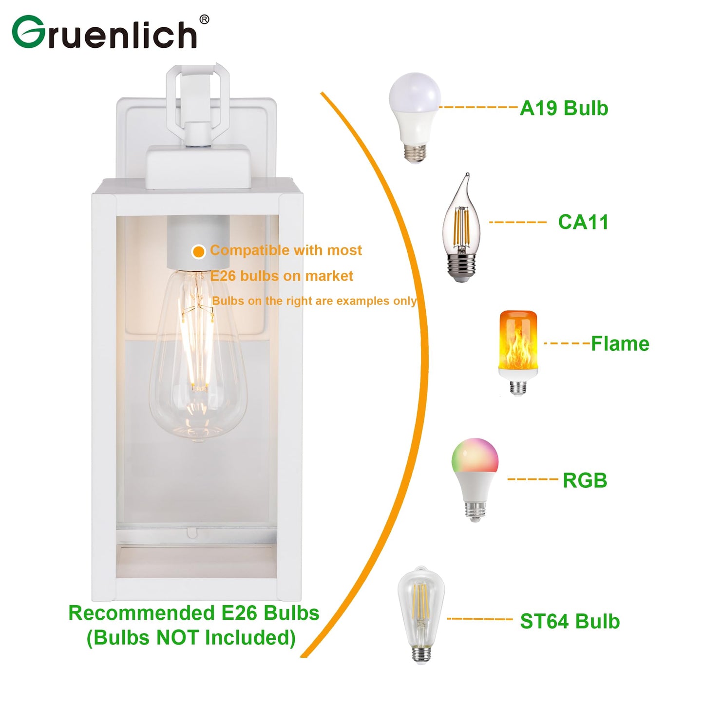 GRUENLICH Outdoor Wall Lantern, Wall Sconce for Porch Lighting Fixture, E26 Base Max 60W, Metal Housing Plus Glass, White Finish, Bulb Not Included