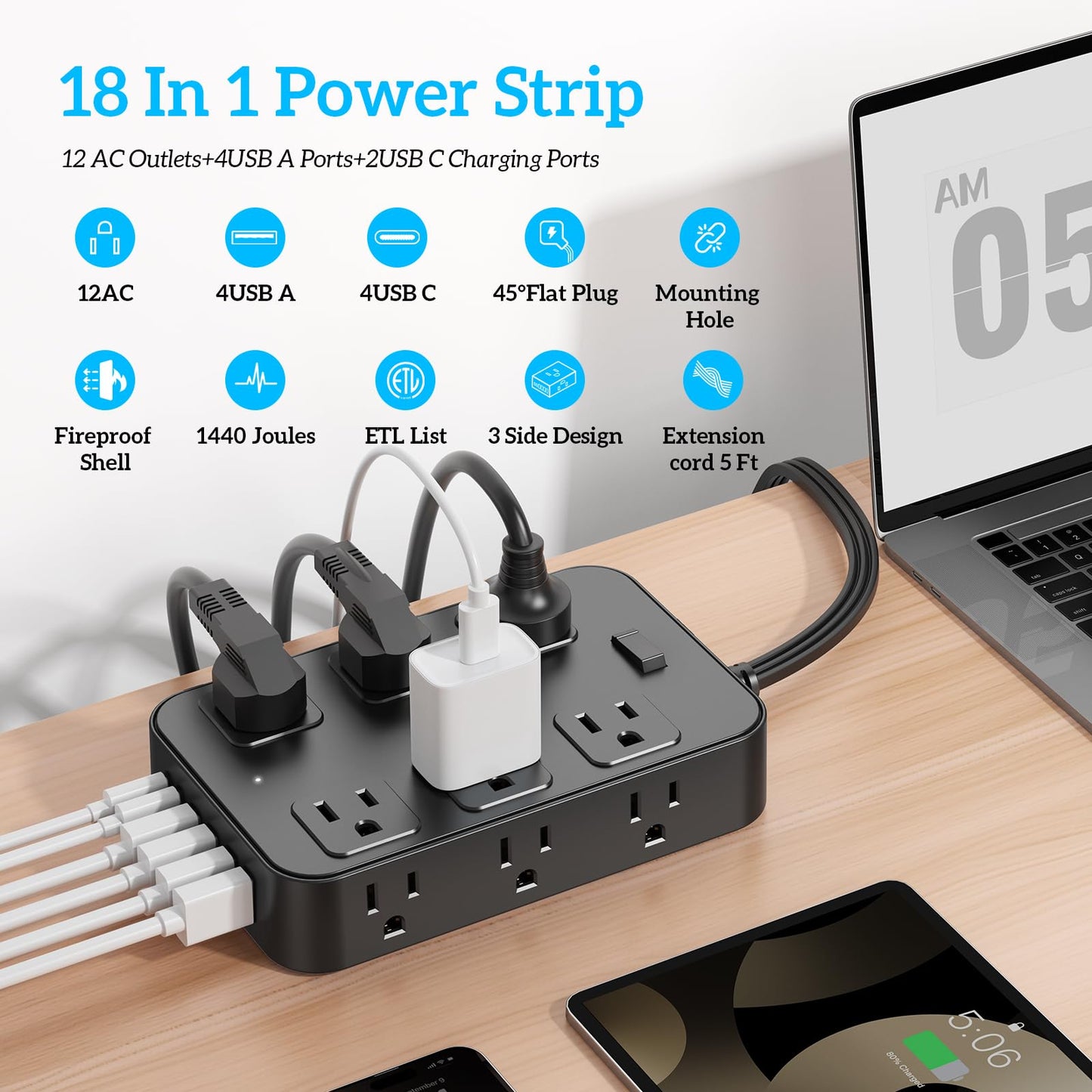 Solidock Flat Plug Power Strip Surge Protector 5 Ft Extension Cord with 12 AC Outlets 6 USB Ports 3 Side Multi Plug Outlet Extender Home Office