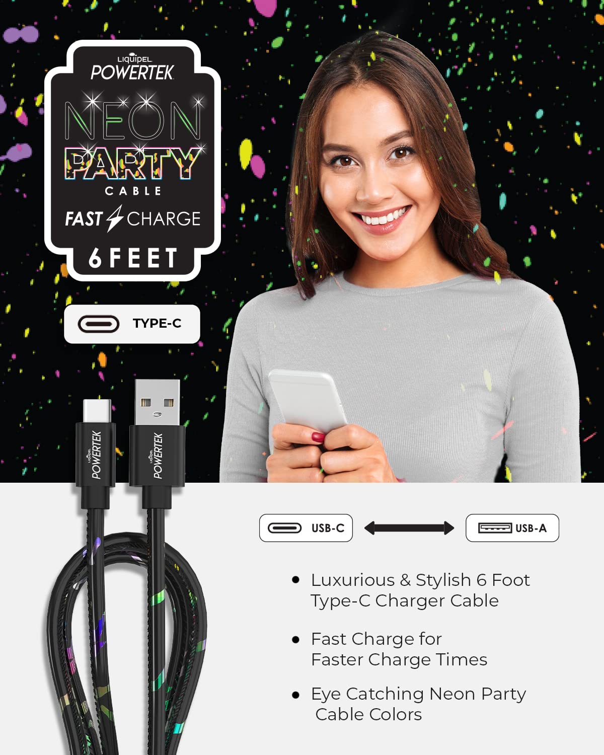 LIQUIPEL Powertek Type-C Fast Charger Cable, 6ft USB-C for Galaxy, Note, Tab, MacBook, Neon Party (Black)