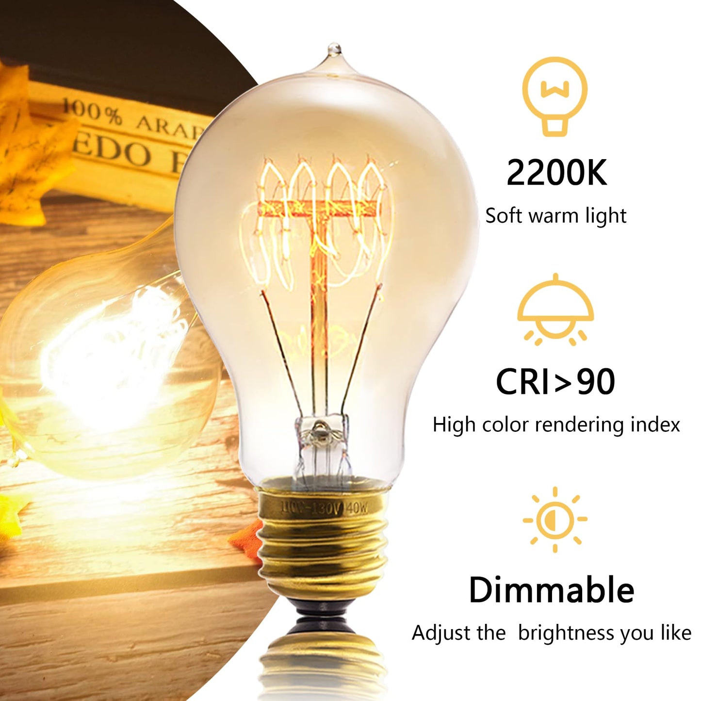 Sevici A19 Incandescent Light Bulbs 40W E26 Dimmable Edison Bulbs 2 Pack