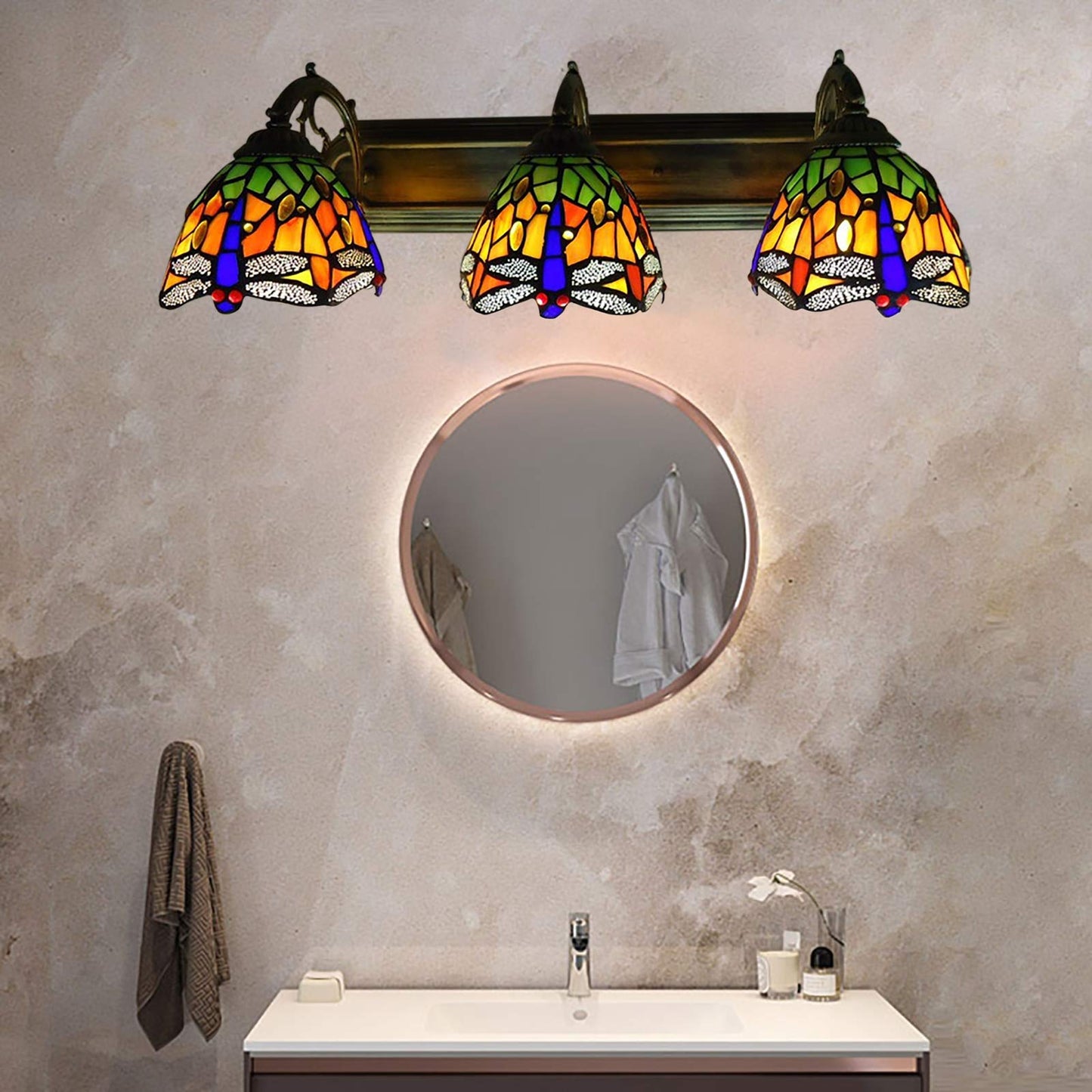 Tiardocge Tiffany Style Wall Mount Lamp, 3-Light Dragonfly Wall Sconce Lamp, Baroque Wall Lamp, Stained Glass Vintage Antique Light for Bedroom Living
