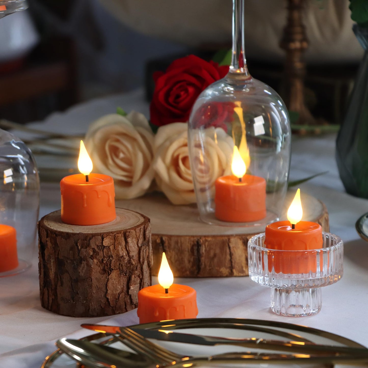 FREEPOWER Orange Halloween Candles,Rechargeable Flameless Candles with Remote Timer, Soft 3D Wick LED Tealights Candle, Rechargeable Candles
