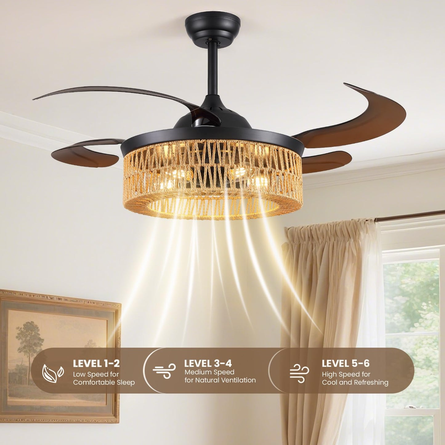 48 Inch Retractable Ceiling Fans with Lights and Remote, Boho Caged Farmhouse Ceiling Fan, Invisible Rattan Fandelier with Reversible 6 Speeds,Timer