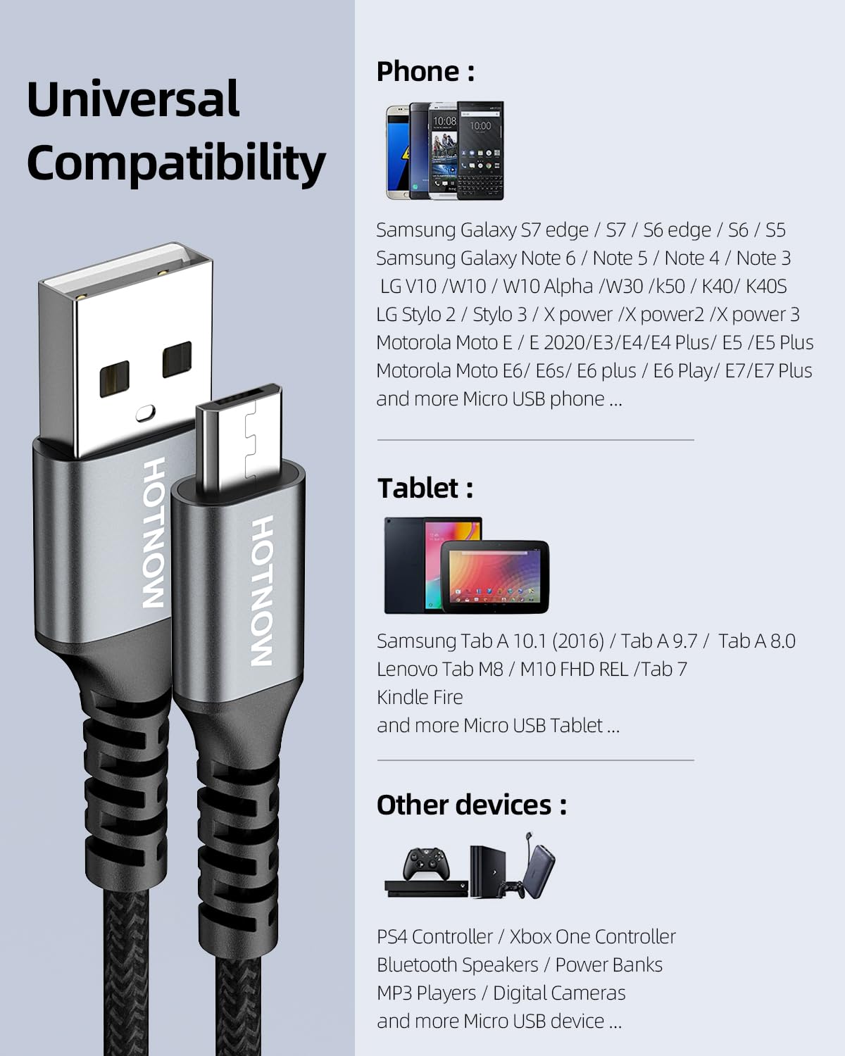 HOTNOW Micro USB Cable 3ft 2Pack, Android Charger Cable USB2.0 Data sync and Fast Charging Nylon Braided Cord for Samsung Galaxy S6 S7, HTC, LG, Sony