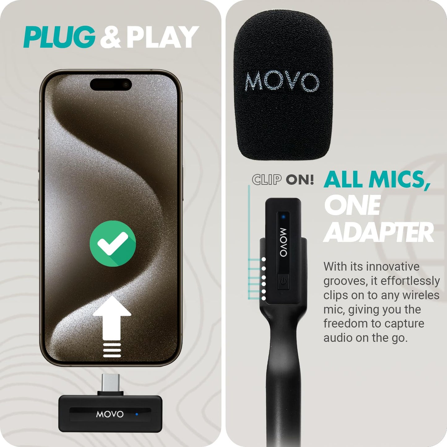 Movo Wireless Mini UC Ultra Compact Wireless Lavalier Microphone for iPhone 15/16/17 and up with WMX-HM Handheld Adapter - Lapel Mic with Handle Mount