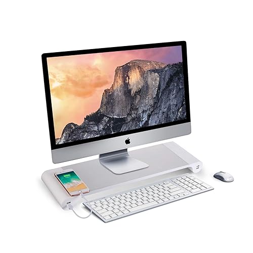 PG Silver Monitor Stand Riser with 4-Port USB Charging ports, Convenient keyboard organiser,Desktop Organizer for Computer, Laptop, TV, Printer