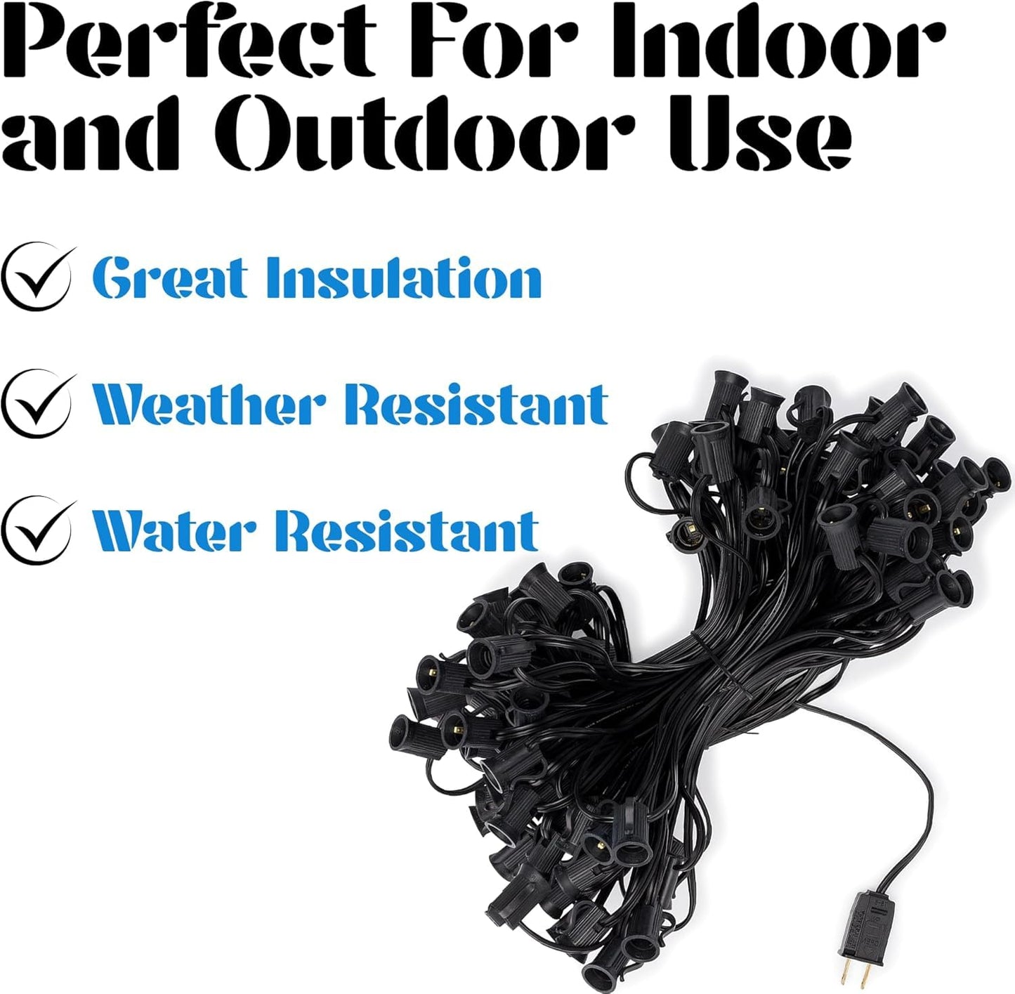 Holiday Lighting Outlet C7 Christmas Light String, Patio and Event Lighting, Black Cord, 12" Socket Spacing SPT-1 (50',)