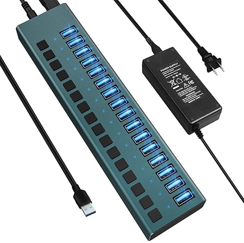 USB 3.0 Hub -16 Ports Powered USB Hub 90W USB Charging Hub with Individual On/Off Switches and 12V/7.5A Power Adapter and Multi-USB Port