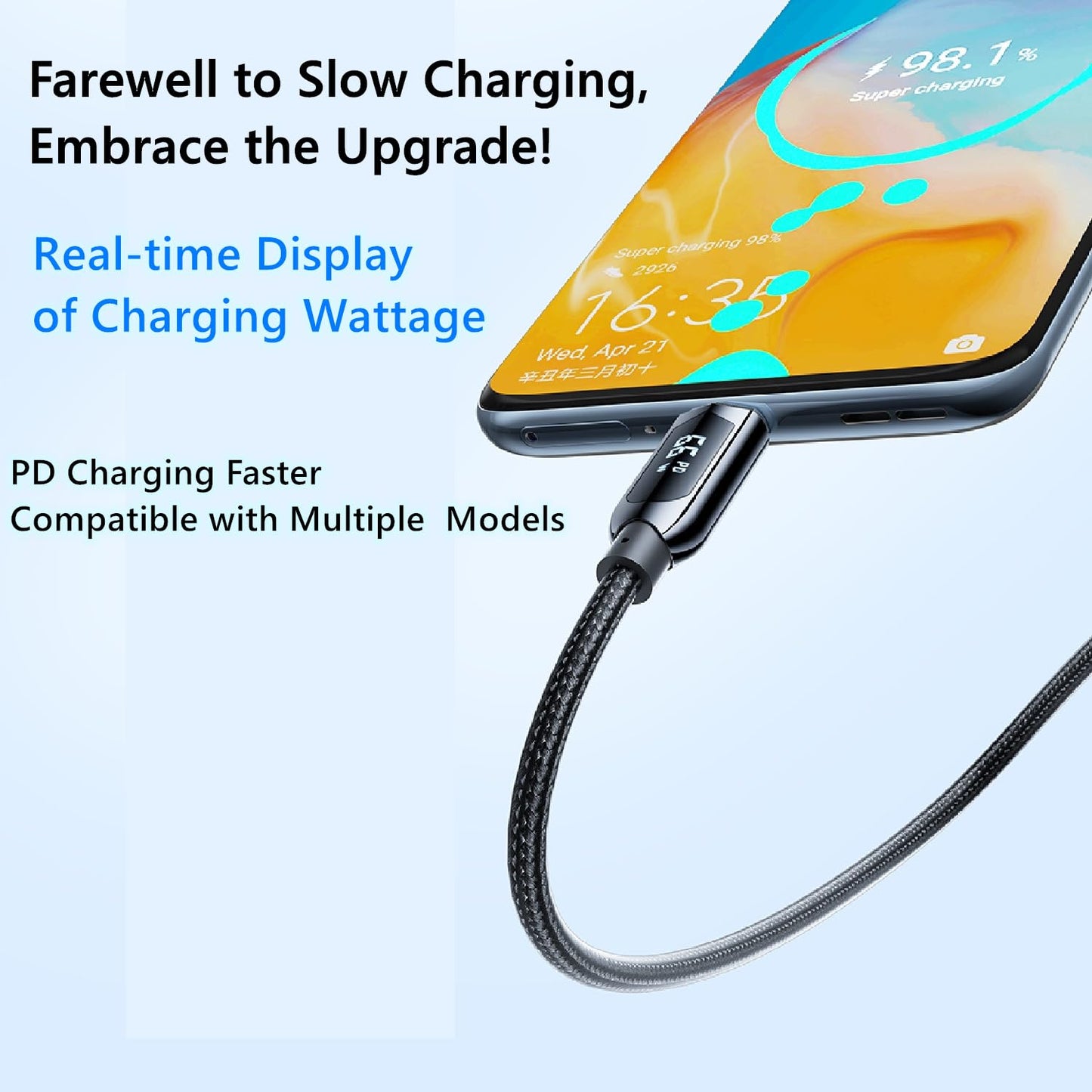 Tpenod USB A to USB C Cable,4 Feet Type C Cable with LED Display Power watt,66W Max Fast Charging USB-c Cable, Compatible with iPhone 15 Pro Max