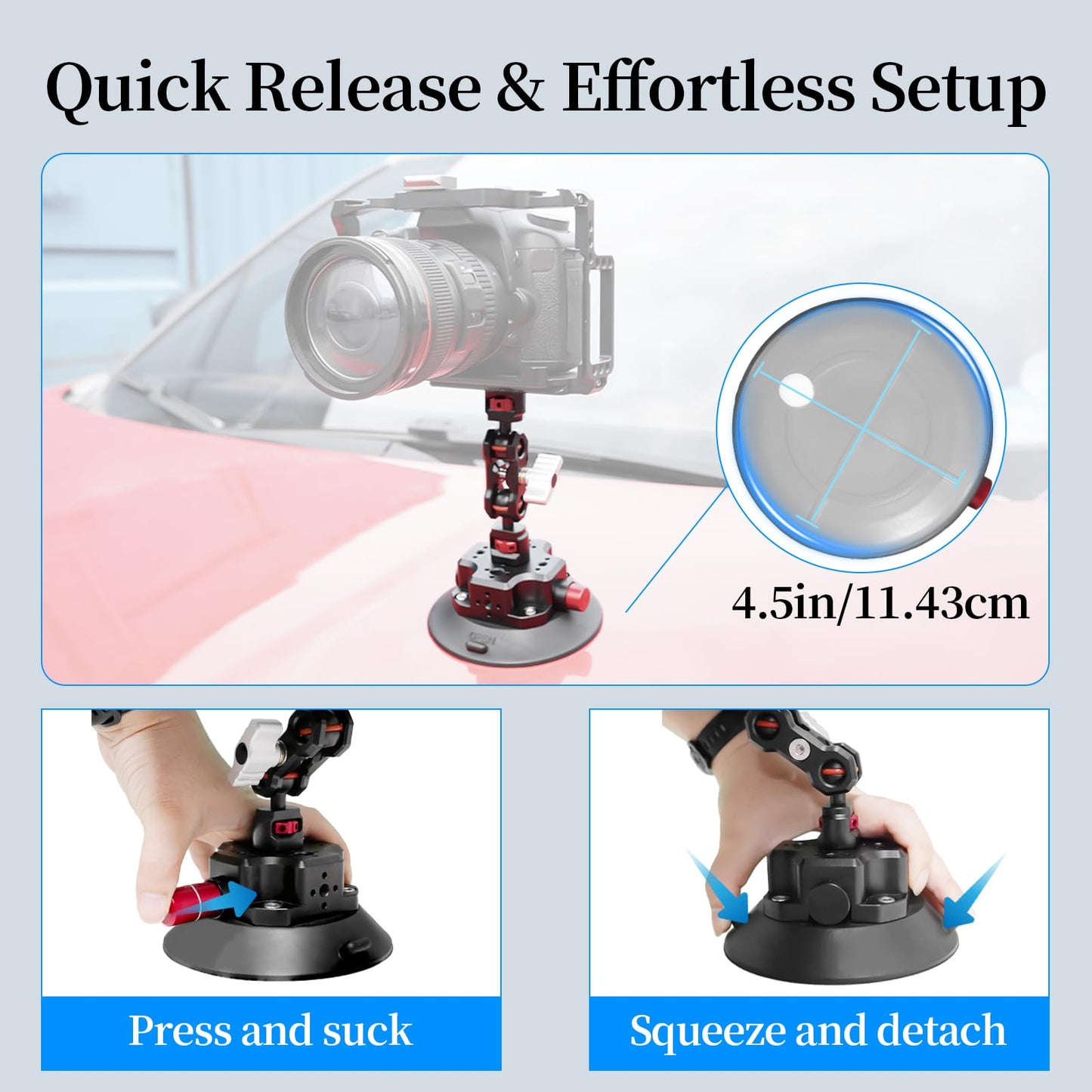 CNC Machined 4.5in Suction Cup Camera Mount with Ball Head Magic Arm, 1/4" ARRI Holes, Quick Release Car Mount with Phone Holder&Action Camera Adapter