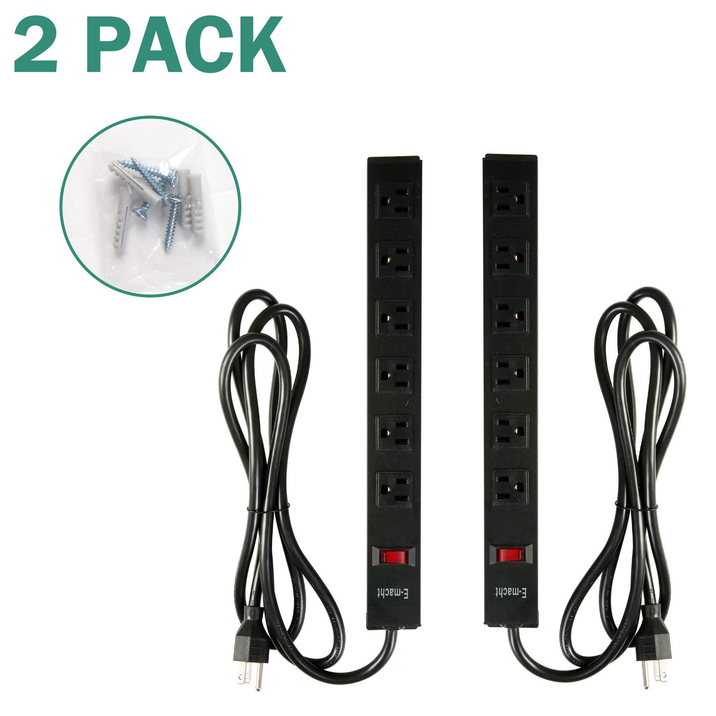 LONABR 6 Outlet Heavy Duty Power Strip 2 Pack Metal Power Outlet,Wall Mountable Outlet Strip with 6 ft Long Extension Cord,Black