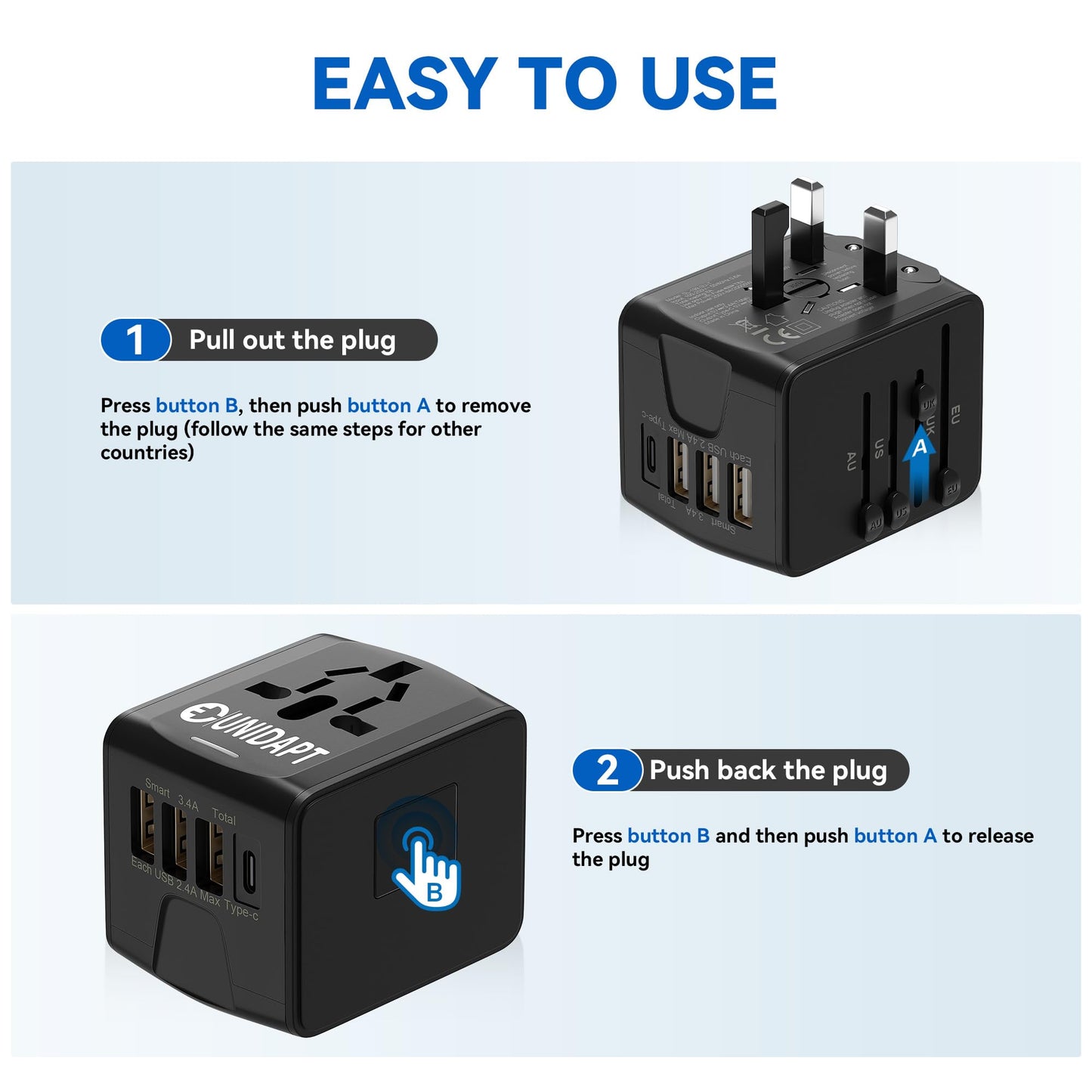 Unidapt International Travel Adapter, Universal Power Adapter Worldwide with 3 USB-A, 1 Type-C - Perfect for Travel to Europe US, EU, UK, AU Over 160