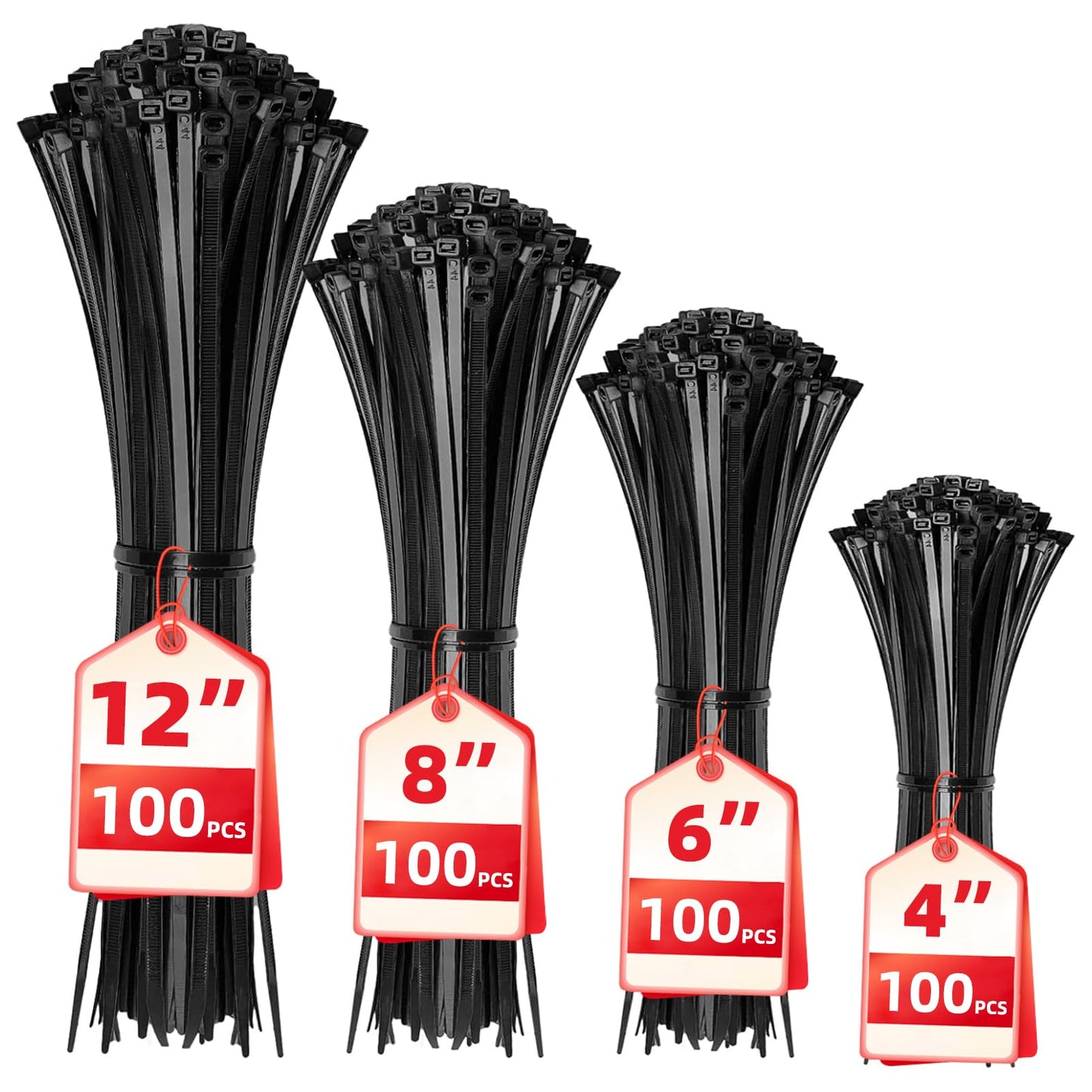Cable Zip Ties,400 Pack Black Assorted Sizes 12+8+6+4 Inch,Multi-Purpose Self-Locking Nylon Cable Cord Management,Plastic Wire Ties