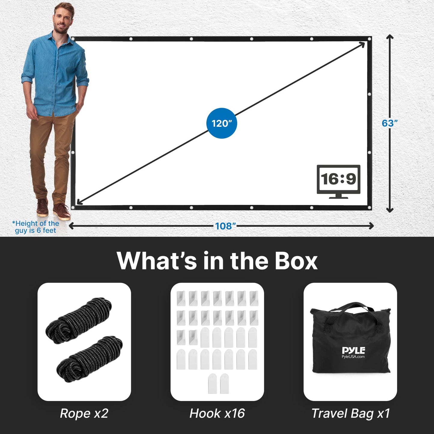 Pyle Foldable Portable Projector Screen - 120" 16:9 HD 4K Lightweight Indoor Outdoor Anti-Crease Movie Projection Display - for Home Theater, Party