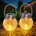 DBF Solar Lanterns Outdoor 2 Pack - Waterproof IP65 Hanging Solar Lights with Warm Amber & RGB Colors, Crackle Glass LED Ball Lights Globes Garden