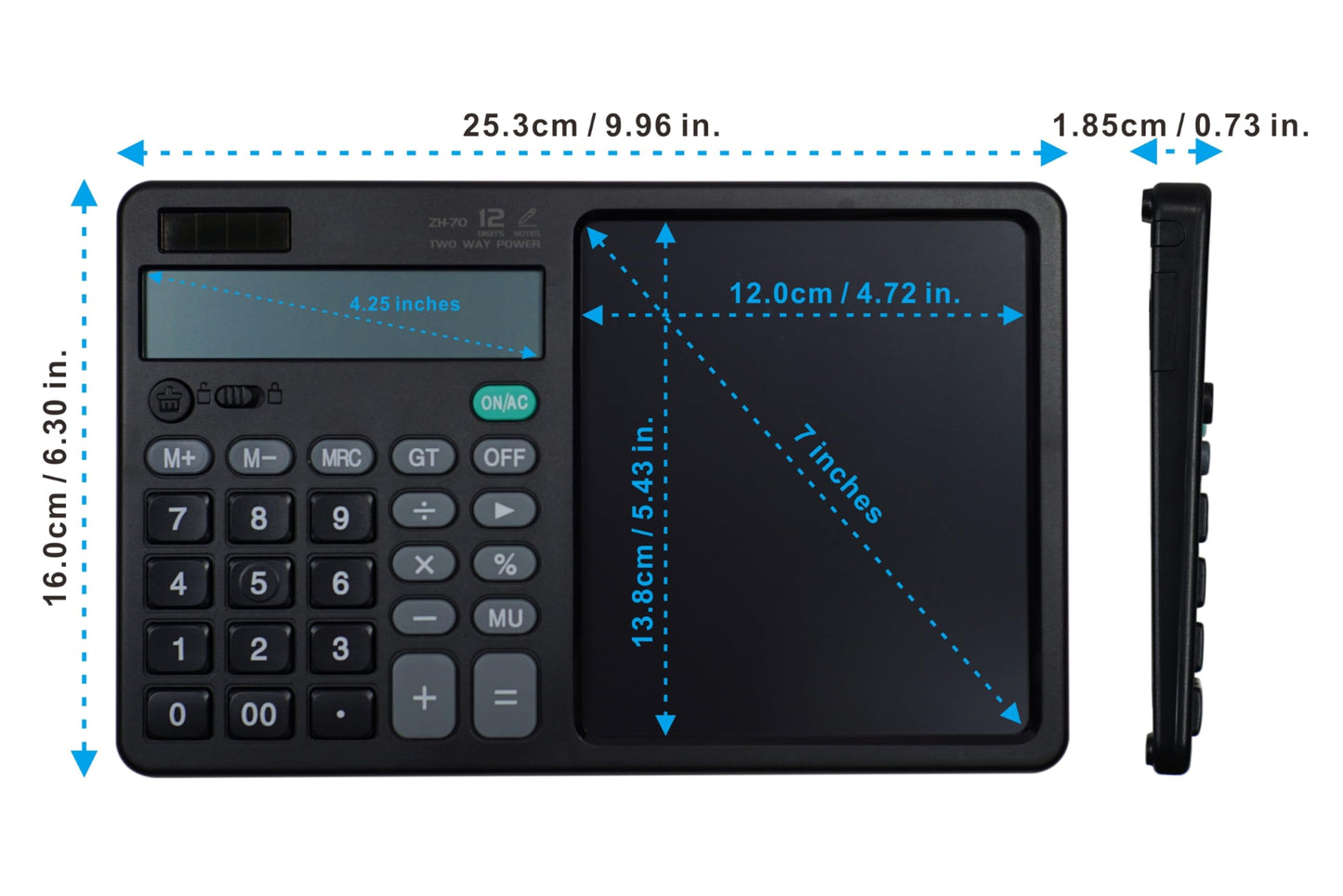 Desk Calculator Large Display with 7'' Erasable Writing Pad, 12 Digits Large Screen Display Jumbo Calculadora, Solar & Battery Powered Big Button