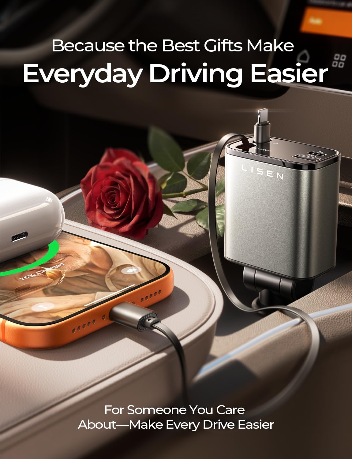 LISEN Retractable Car Charger, for Valentines Day Gifts for him Her, 69W Cars Adapter USB C Fast Charger for iPhone 17 Pro Max 16 14 13, Car Accessories, Birthday Gifts for Men Women 2026 Tech Gadgets