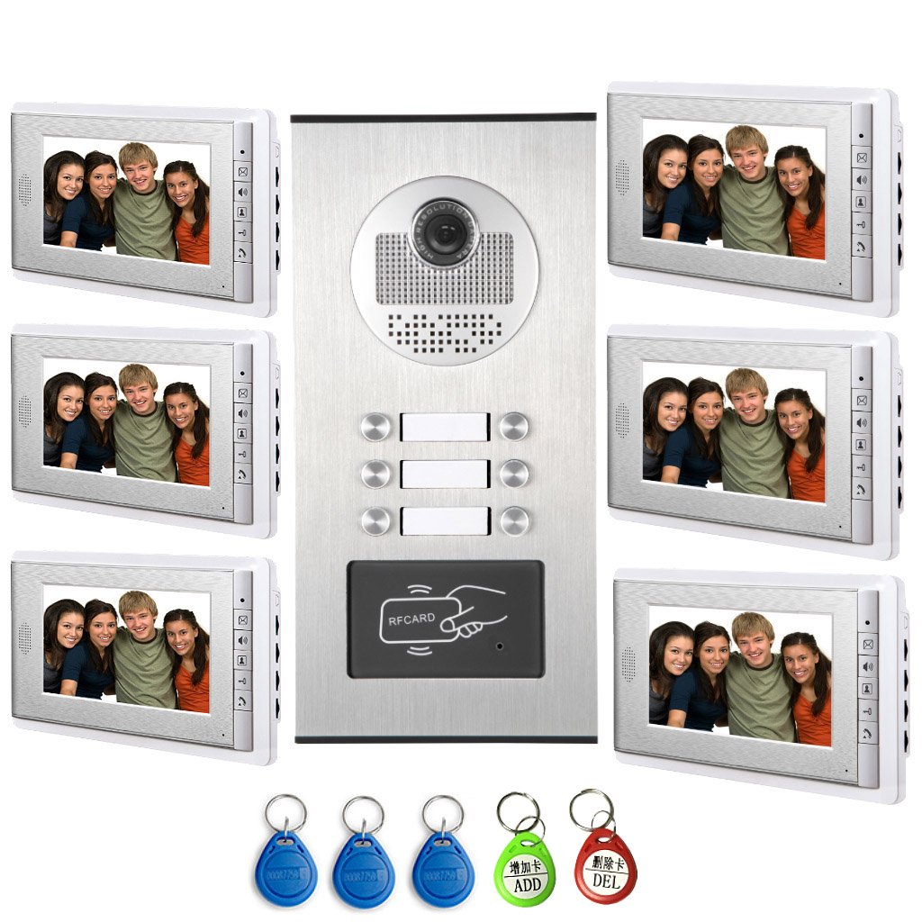 AMOCAM Video Intercom Entry System, Wired 7" LCD Monitor Video Door Phone Kits for 6 Units Apartment, Support Monitoring, Unlock, Dual Way Door