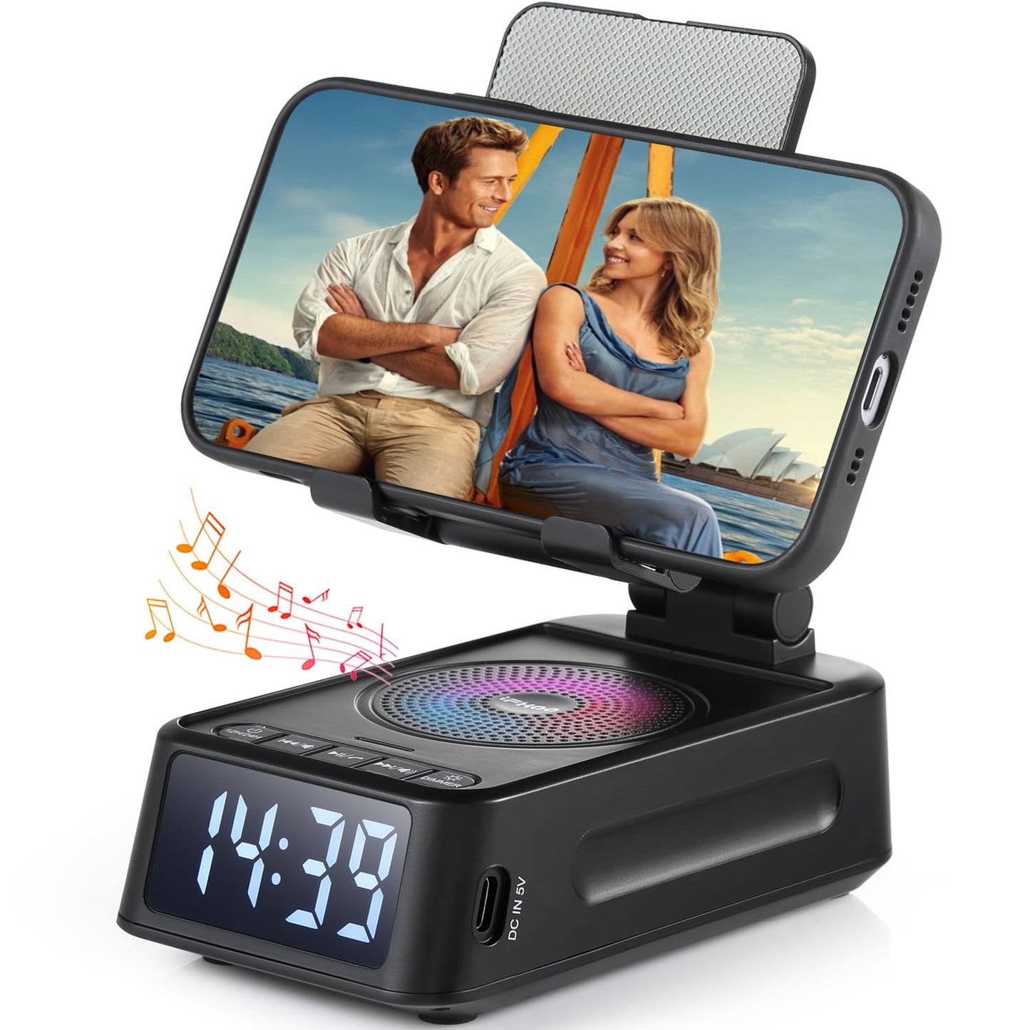 Gifts for Men Women, Phone Stand with Bluetooth Speaker&Clock, Birthday Gifts for Him, Phone Holder with Wireless Speaker, Ideal for Dad Mom Husband