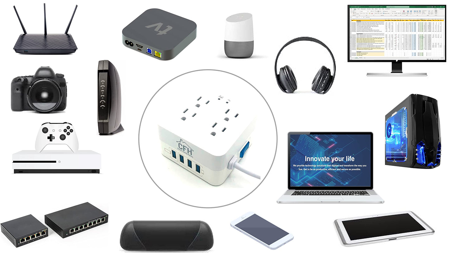 4-Outlet 4-USB Fire Safe Surge Protector with Outlet Saver Power Cord and USB Charge Cables