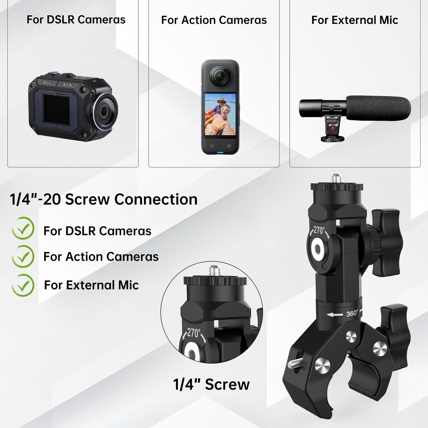 Bike Motorcycle Camera Mount Bundle Kit for Insta 360 ONE X5, X4, X3, X2, Include 360° Ballhead Handlebar Clamp Extension Rod and Helmet Flexible