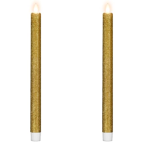 LED Flickering Flameless Taper Glittered Christmas Candles - 11" - Gold - Set of 2