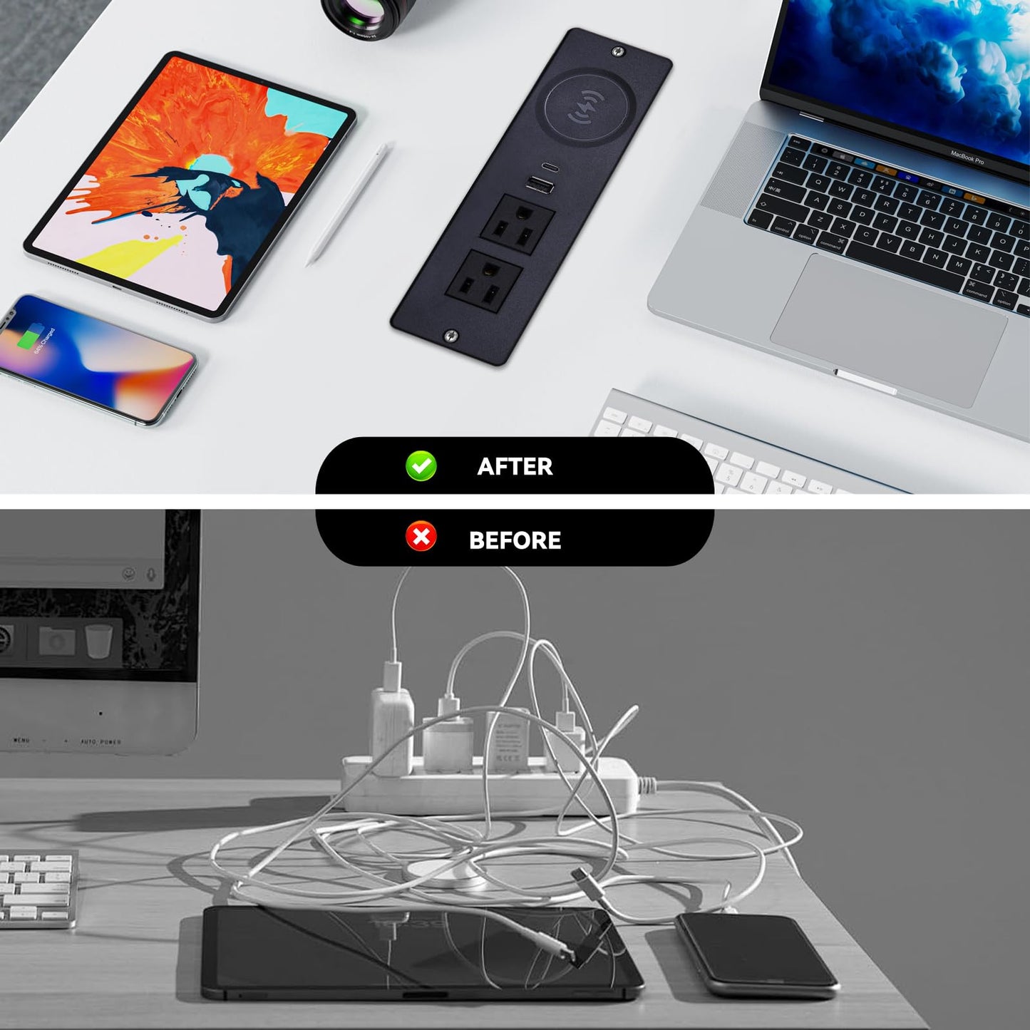 Recessed Power Strip with 15W Wireless Charger,Furniture Recessed Outlet with USB C Fast Charging,Desktop Charging Station & 2 Outlets,2 USB Ports