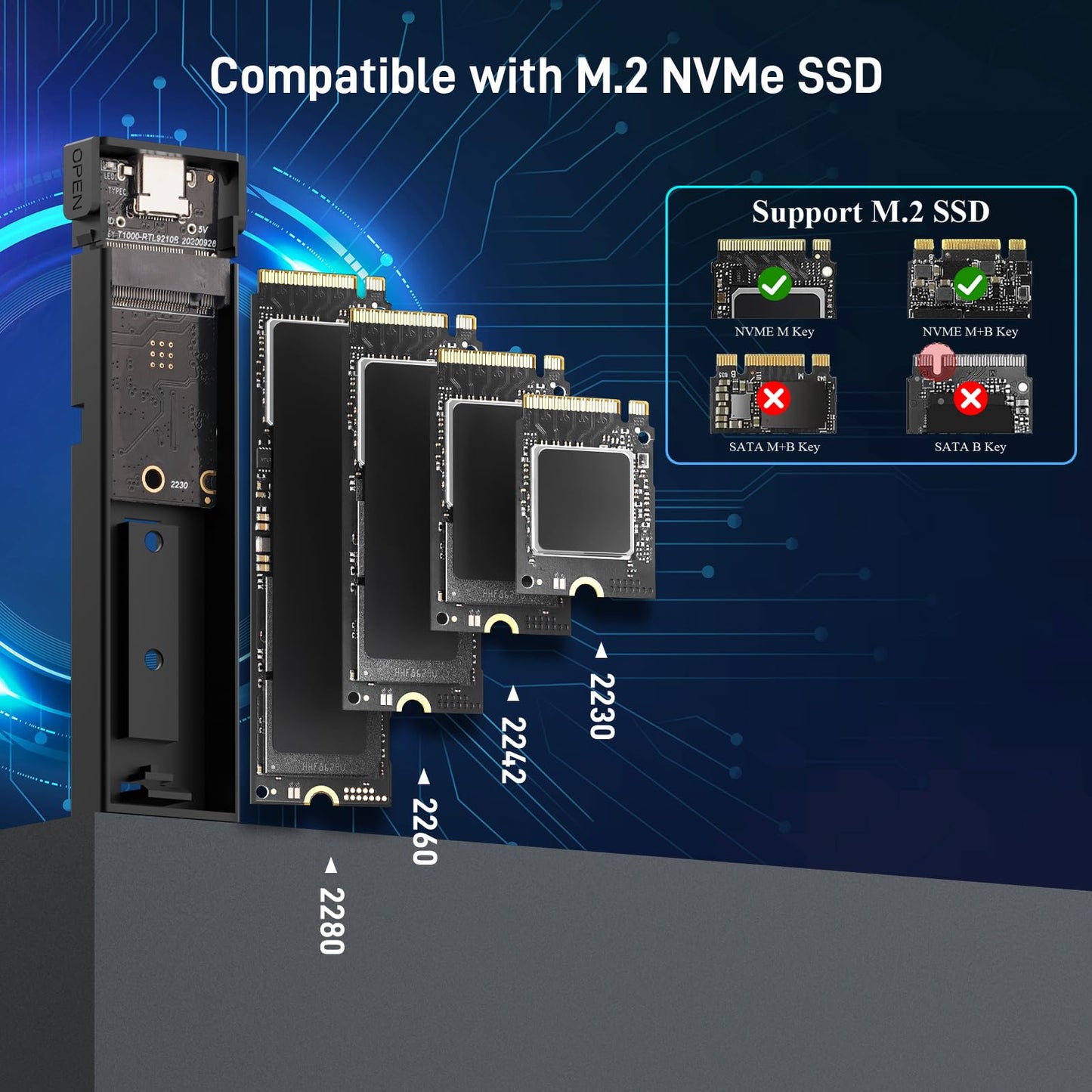 Xiaobi M.2 NVMe SSD Enclosure, Tool-Free Installation, USB 3.2 Gen 2 (10 Gbps) to NVME M-Key/(B+M) Key PCIe NVMe Adapter Support UASP and Trim