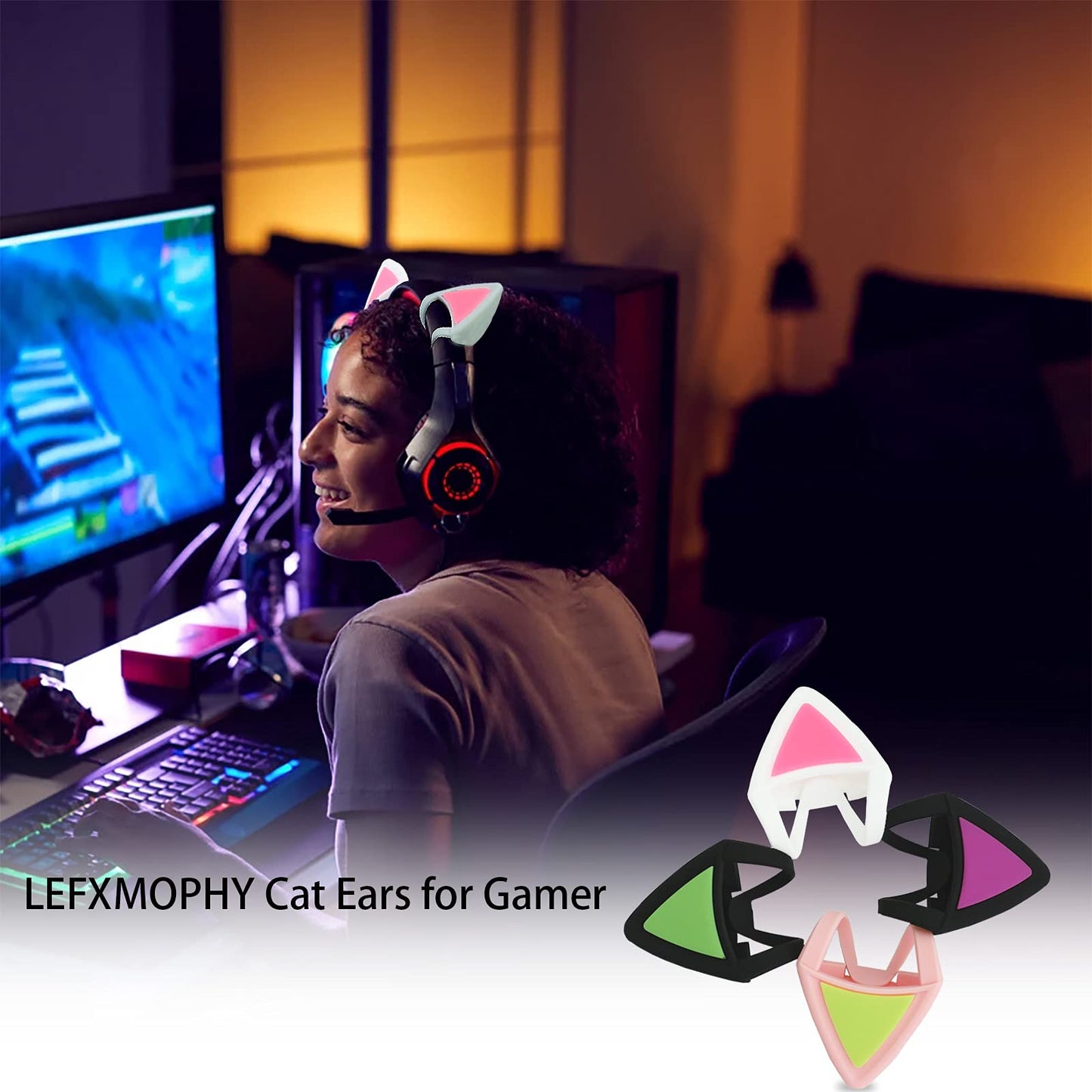 LEFXMOPHY Cat Ears for Bose Sony Razer Headset, Kitty Ear Pink Glow in Dark