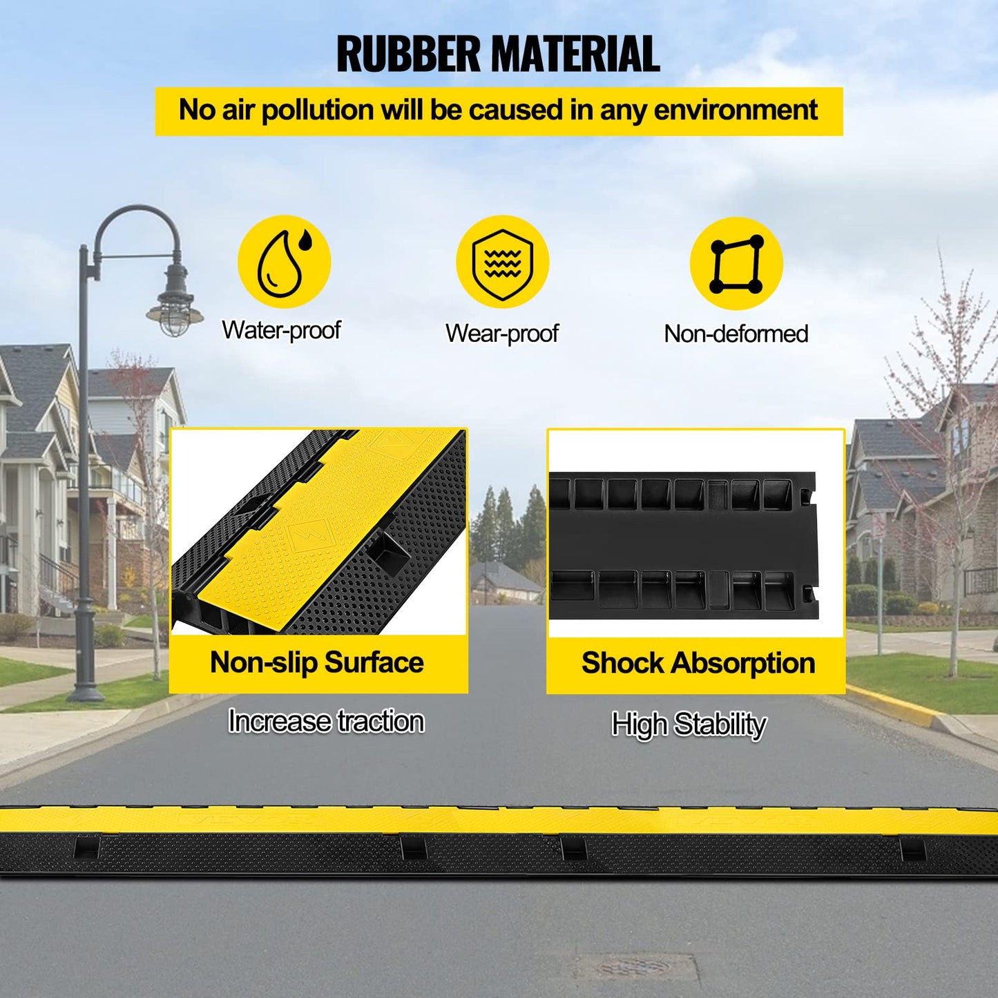 Happybuy 1 Pack of 3-Channel Rubber Cable Protector Ramps Heavy Duty 44000Lbs Load Capacity Cable Wire Cord Cover Ramp Speed Bump Driveway Hose Cable