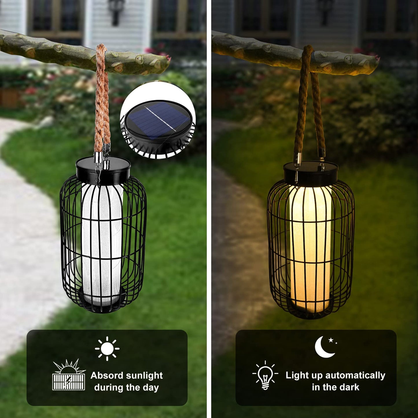 baterysu Large Outdoor Solar Lanterns Hanging Light Waterproof LED Garden Lights solar powered Retro Metal Auto On Off Table Lamp for Garden Patio