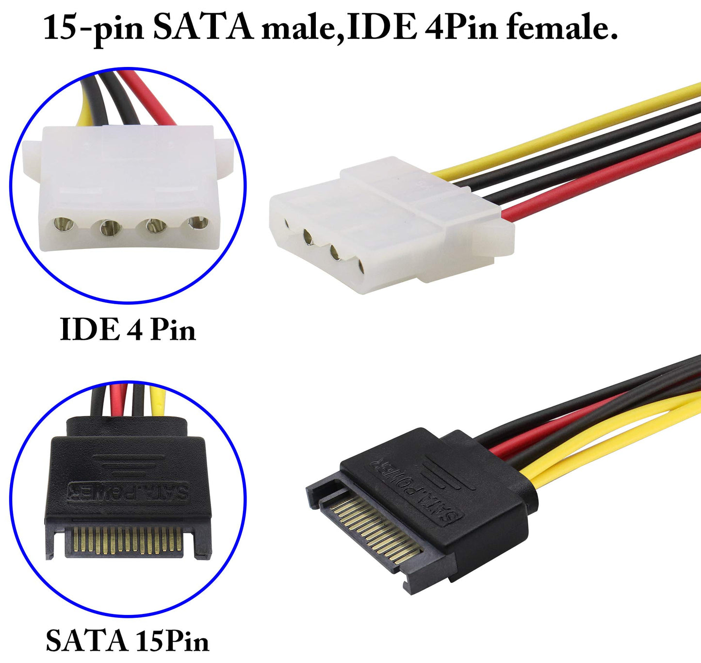 zdyCGTime SATA 15pin to Dual 4pin Molex one-to-Two Power Cord Cable,sata 15P to 4P IDE Hard Drive Power Cord Y-Splitter,SATA Male to 2 Molex Female