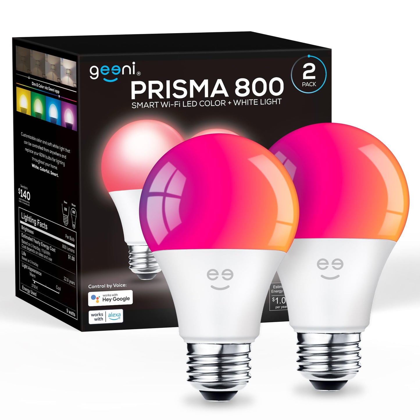 Geeni Prisma Smart Light Bulbs, Color Changing RGBW LED, 2700K, 2-Pack