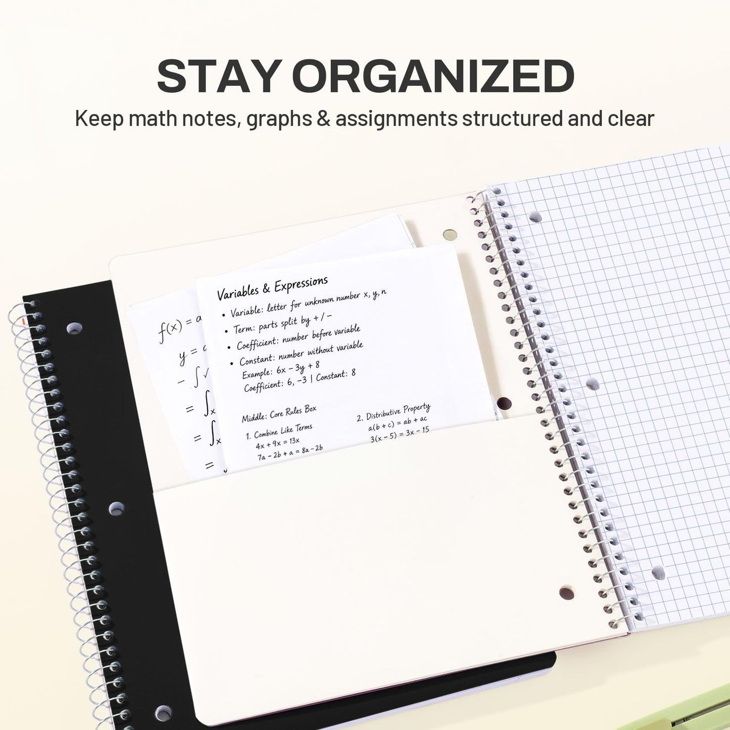 SUNEE Spiral Notebook, 1-Subject, Graph Ruled Paper, 8" x 10-1/2", 100 Sheets per Notebook, 3-Hole Punched Paper, Water Resistant Cover, Spiral Grid