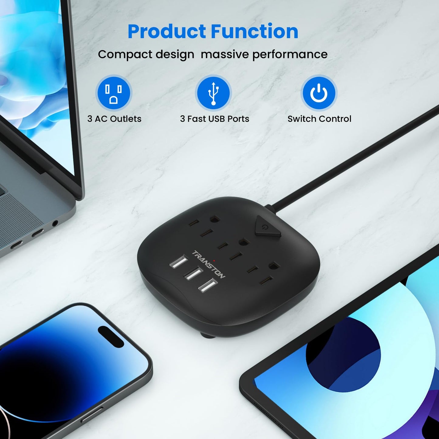 Power Strip 3 Outlets and 3 USB Ports with Switch Control, Desktop Charging Station with 5 ft Extension Cord, Compact for Nightstand, Office
