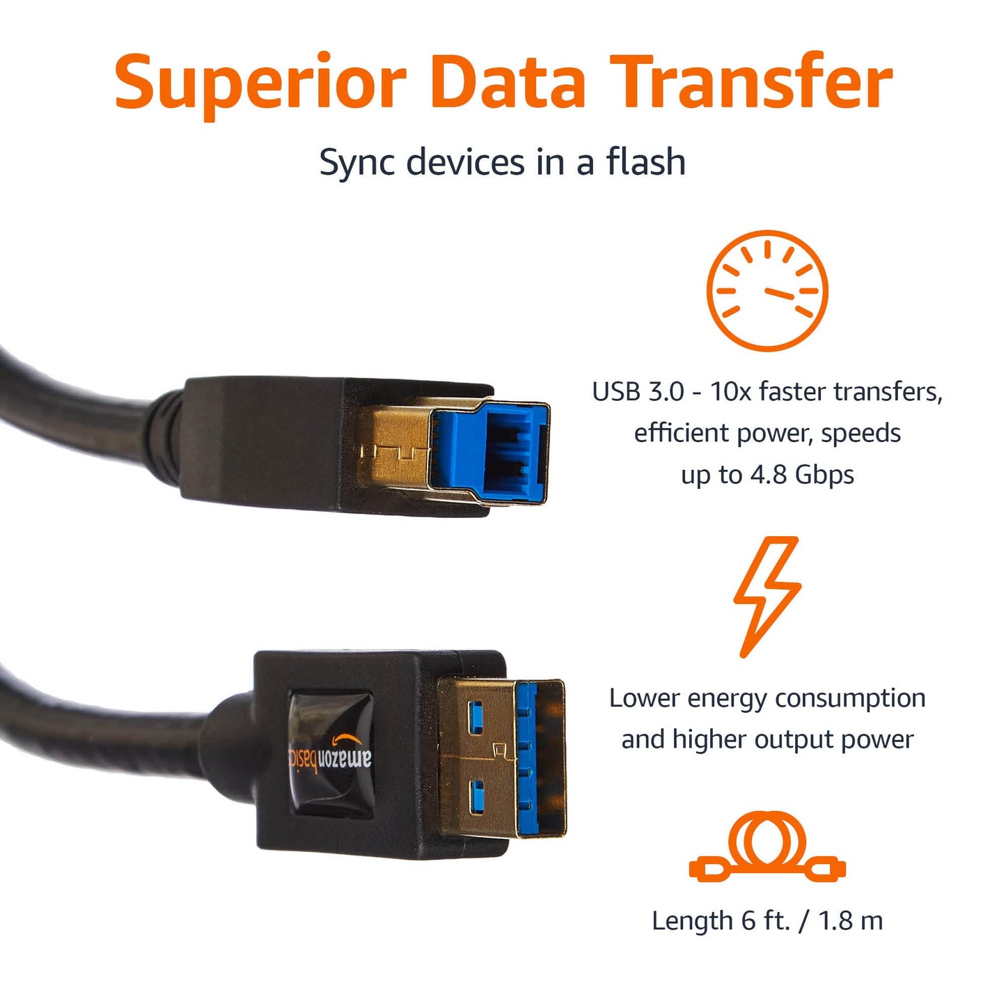 Amazon Basics USB-A to USB-B 3.0 Cable, 4.8Gbps High-Speed with Gold-Plated Plugs, 6 Foot, Black