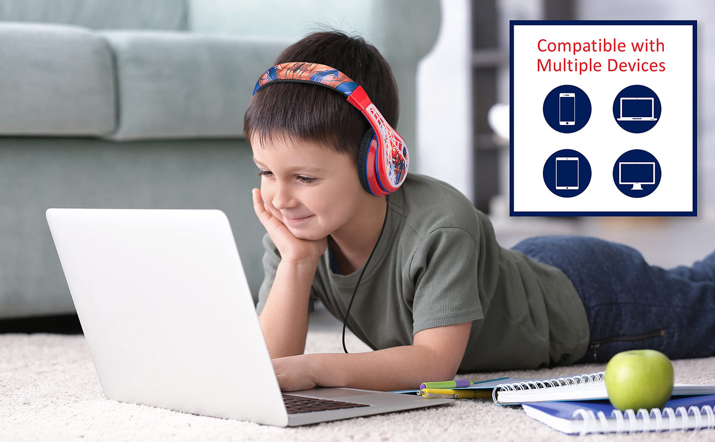 eKids Spiderman Kids Headphones with 3.5mm Audio Jack, Wired Headphones for School, Home or Travel (Spiderman)