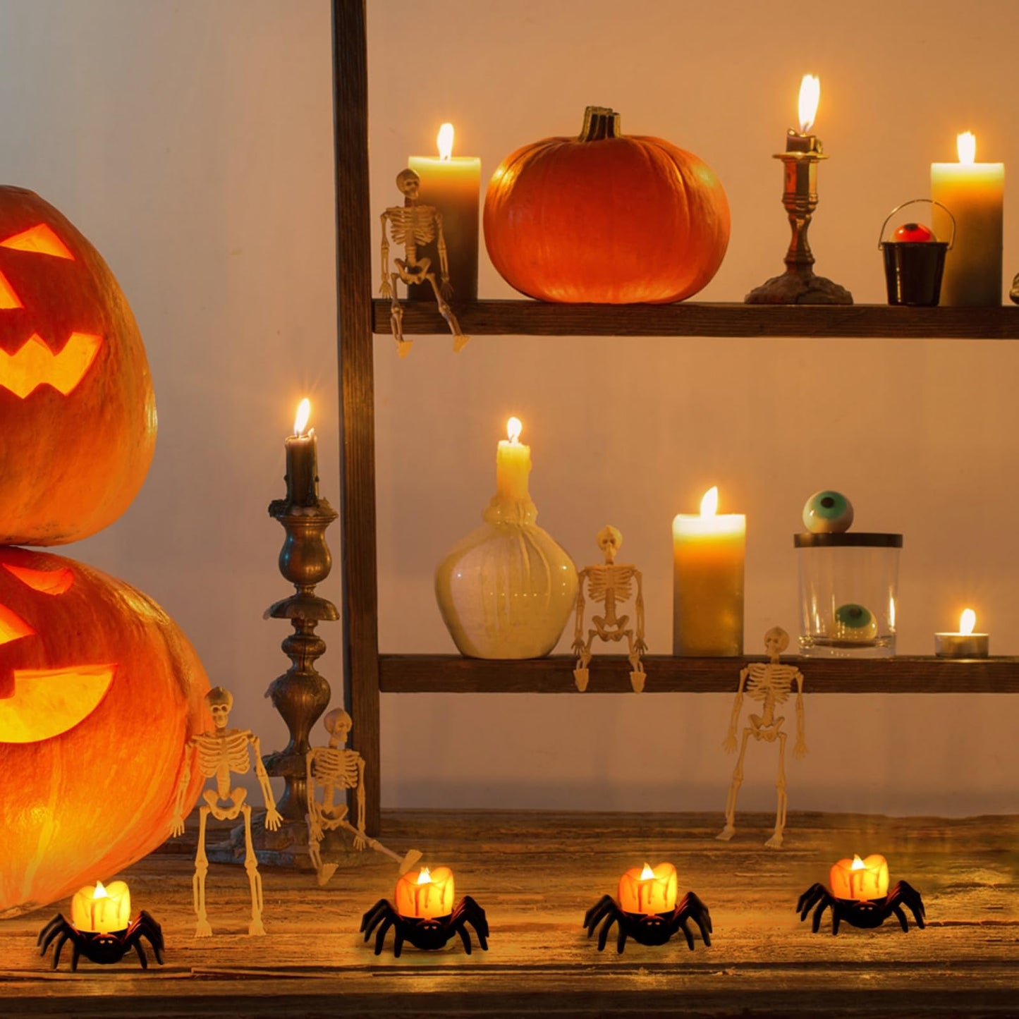 JIAOYUNLILI 6 PCS LED Halloween Lights Indoor, Spider Tea Lights Battery Operated Flameless Candles for Party Table Halloween Decorations