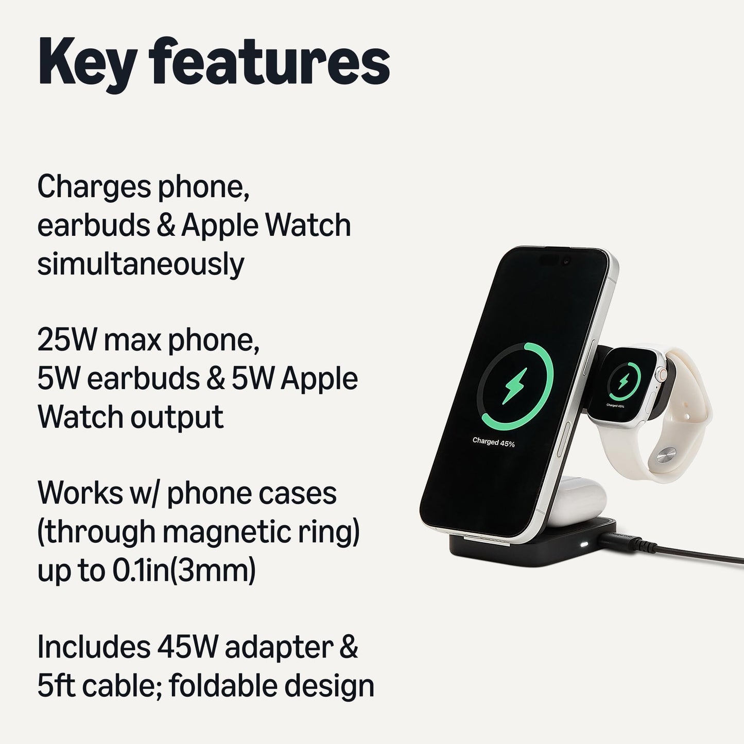 Amazon Basics MagSafe Compatible 25W Fast Charging Qi2.2 Certified 3-in-1 Wireless Charging Station, Foldable Stand for iPhone 17/16/15/14/13/12