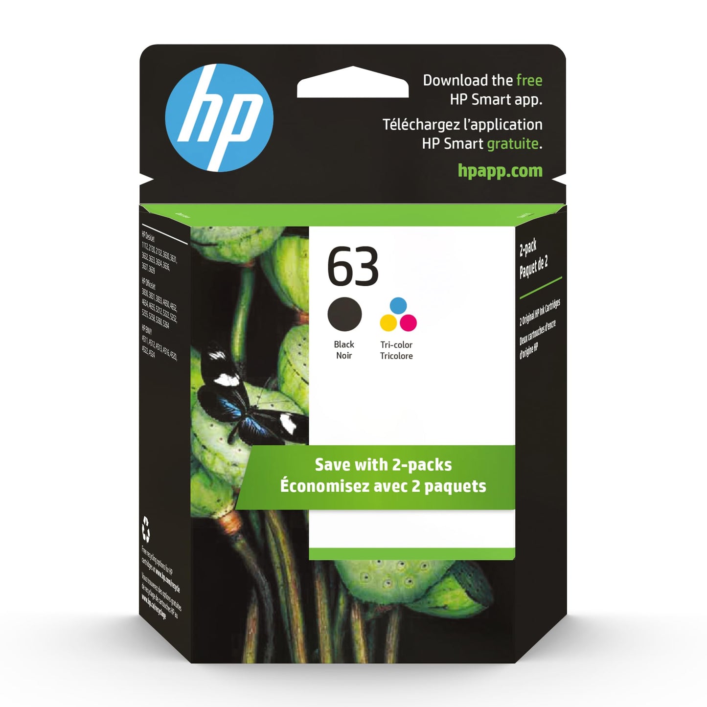 HP 63 Black, Tri-Color Ink Cartridge Printers (2-Pack), Works with DeskJet 1112, 2130, 3630 Series; Envy 4510, 4520; OfficeJet 3830, 4650, 5200