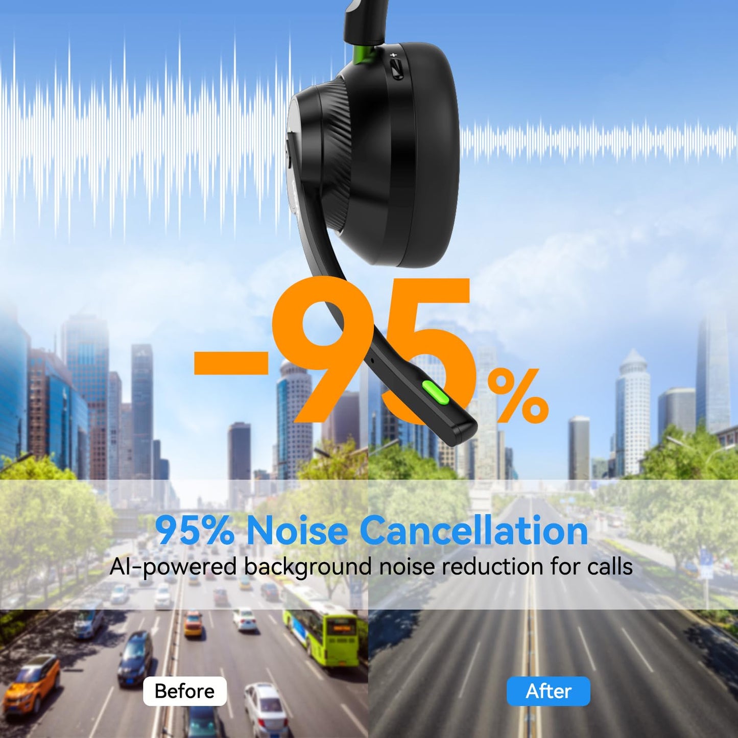 AUSDOM Trucker Bluetooth Headset with Microphone: A2301 Wireless 5.2 On-Ear Headset with AI Noise Cancelling Mic & Mute Button, 50H Playtime for Work