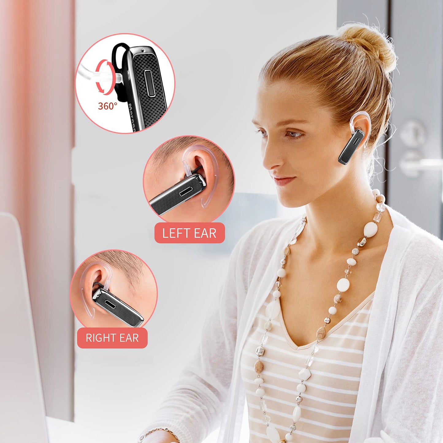 Marnana Bluetooth Headset, Hands-Free Wreless Bluetooth Earpiece with 18 Hours Playtime and Noise Cancelling Mic for iPhone Samsung Android Cell Phone