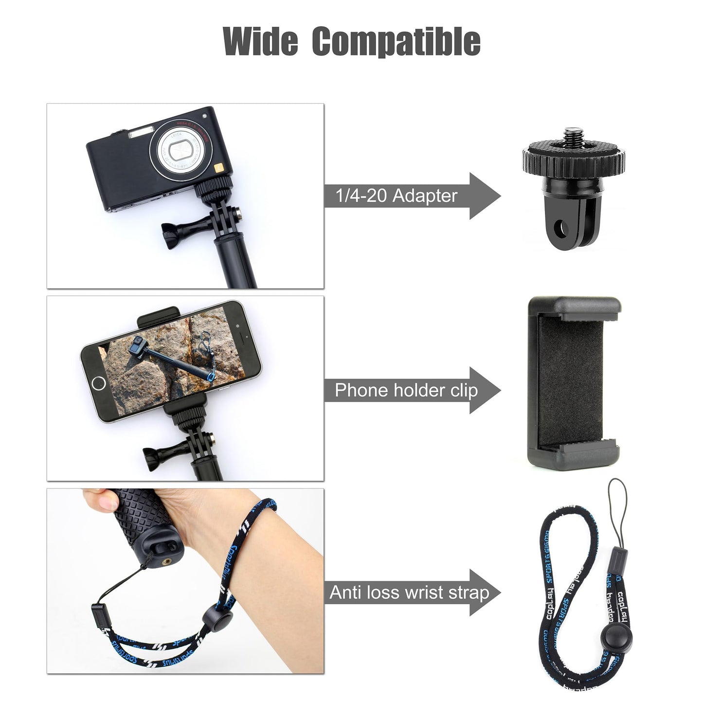SOONSUN 45'' Waterproof Selfie Stick Extendable Monopod Hand Grip Aluminum Telescopic Pole Compatible with GoPro Hero 13 12 11 10 9 8 7 6 5 4 Session
