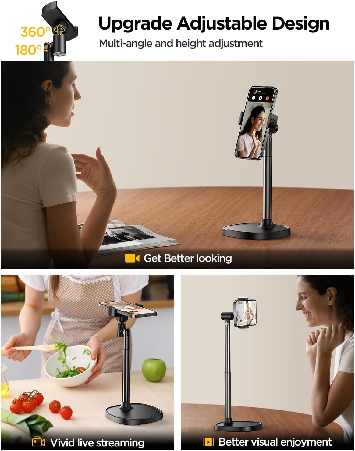 DIMONCOAT Phone Stand for Desk, Angle Height Adjustable Phone Holder for Desk, Aluminum Alloy Universal iPhone Holder, Retractable Cell Phone Stand