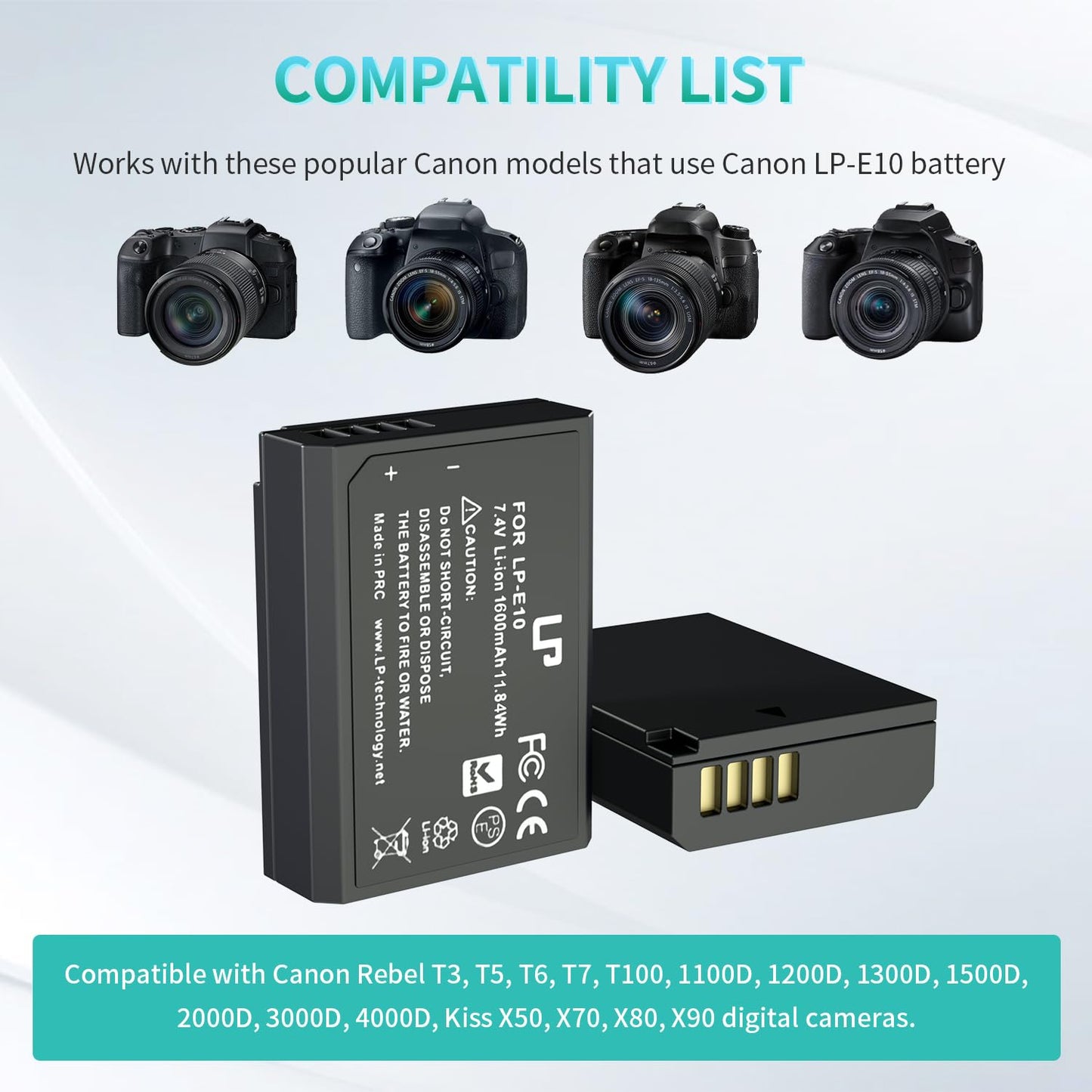 LP LP-E10 Battery Charger Pack, 1600mAh 2-Pack Battery & Dual Slot Charger, Compatible with Canon EOS Rebel T7, T6, T5, T3, T100, 4000D, 3000D, 2000D