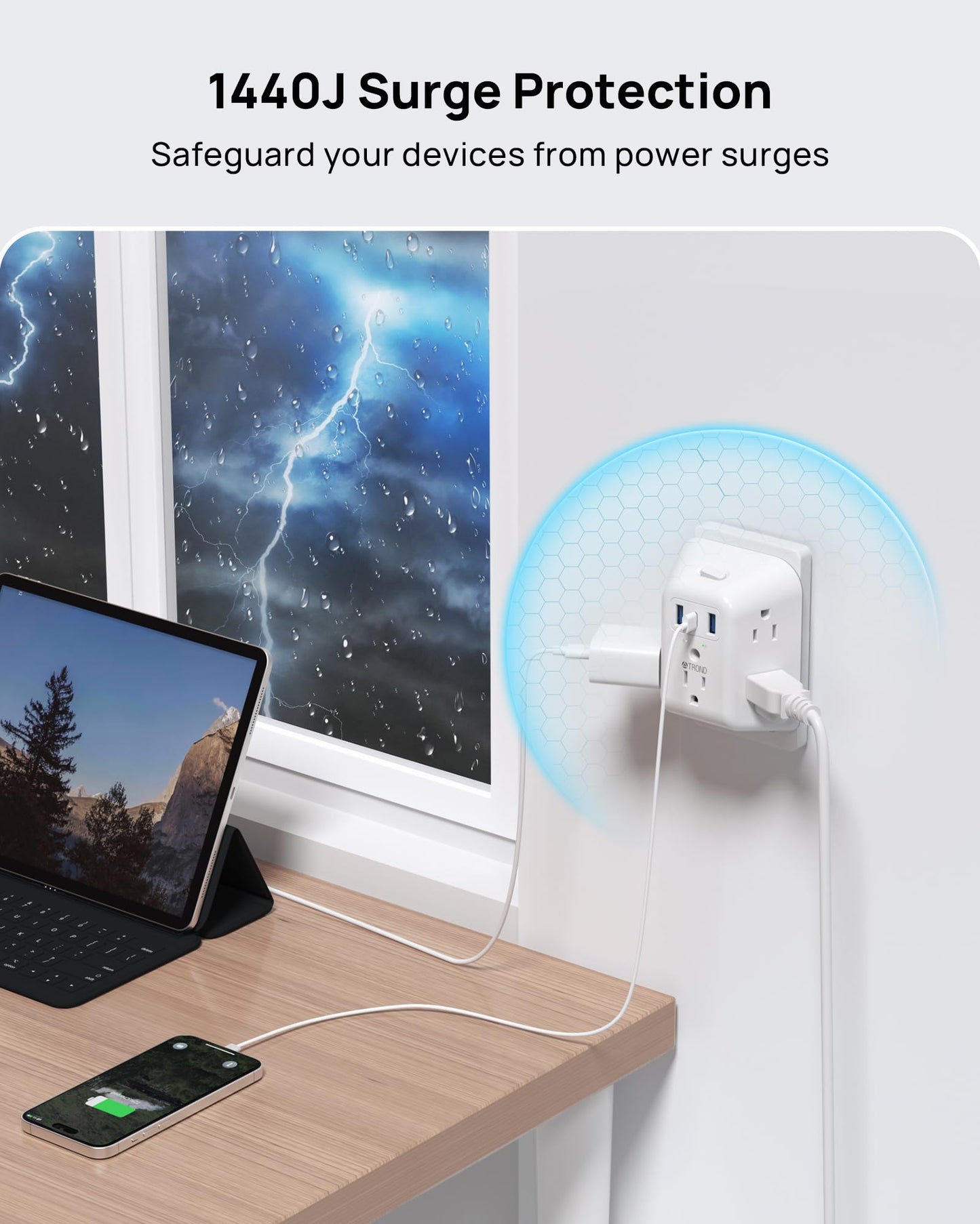 TROND 2 Prong to 3 Prong Outlet Adapter, 1440J Surge Protector Power Strip 2 Prong, Featured 5 AC Outlets and 3 USB Ports, Wall Plug Extender